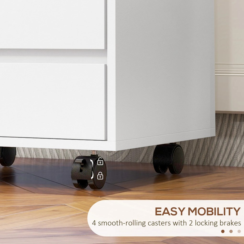 HOMCOM Comodă de Birou cu 4 Sertare și Roți pentru Studiu 46x40x65 cm Alb | Aosom Romania