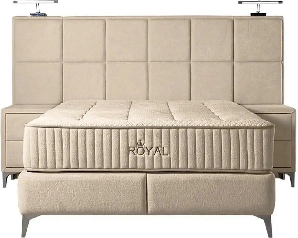 Pat ROYAL 160x200, stofa catifelata crem - Luna 21, cu somiera si spat