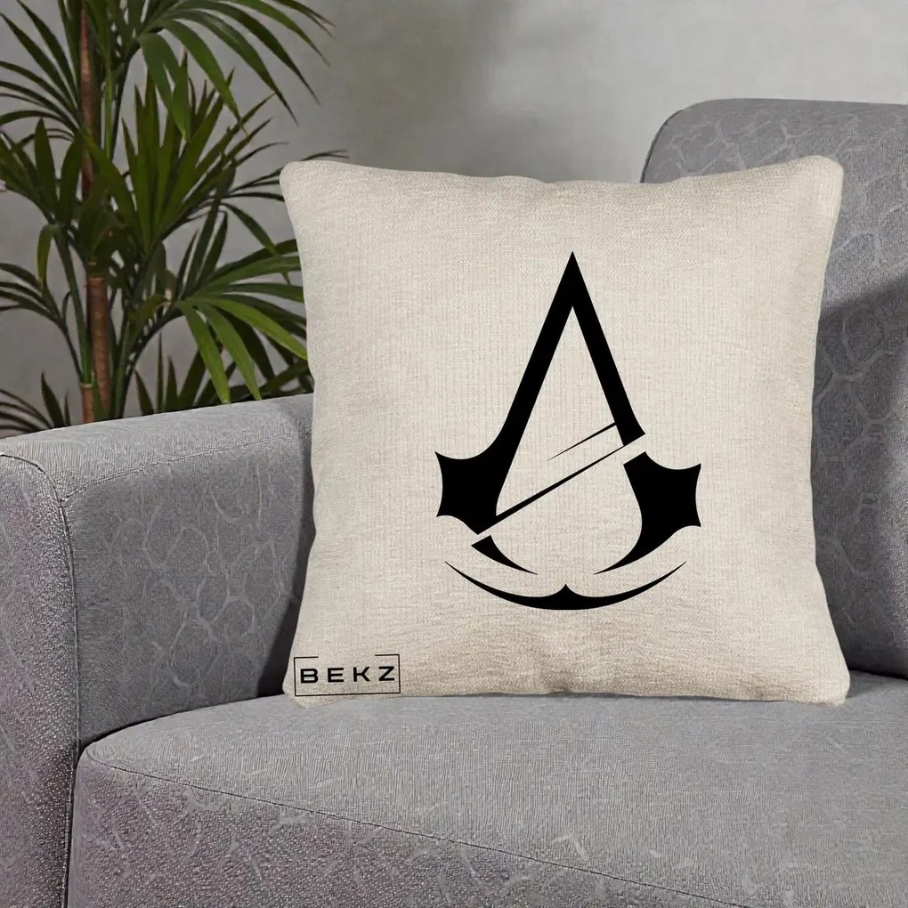 Perna Personalizata Assassin's Creed Minimalist, 40x40 cm, Bej Canapea, Husa Detasabila, Perna Inclusa, BEKZ®