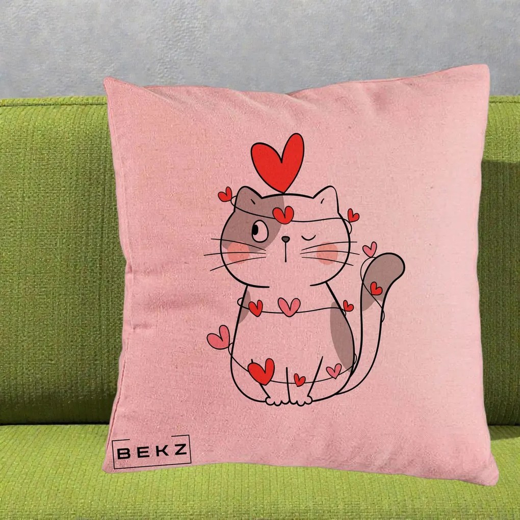 Perna Decorativa Pisica Kawaii cu Inimi, 40x40 cm, Roz, Husa Detasabila, Perna Inclusa, BEKZ®