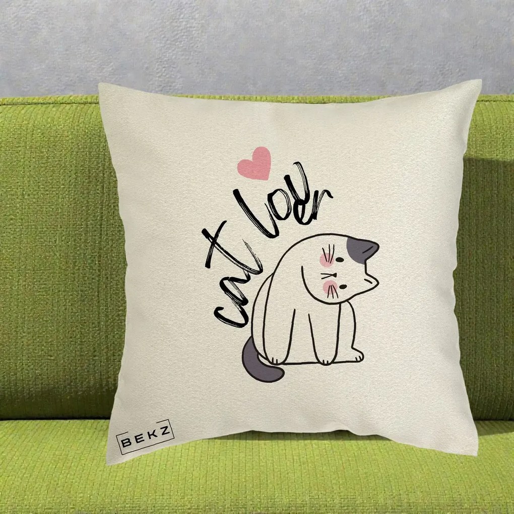 Perna Personalizata Cat Lover Pisica Ilustratie Linie, 40x40 cm, Ecru, Husa Detasabila, Perna Inclusa, BEKZ®