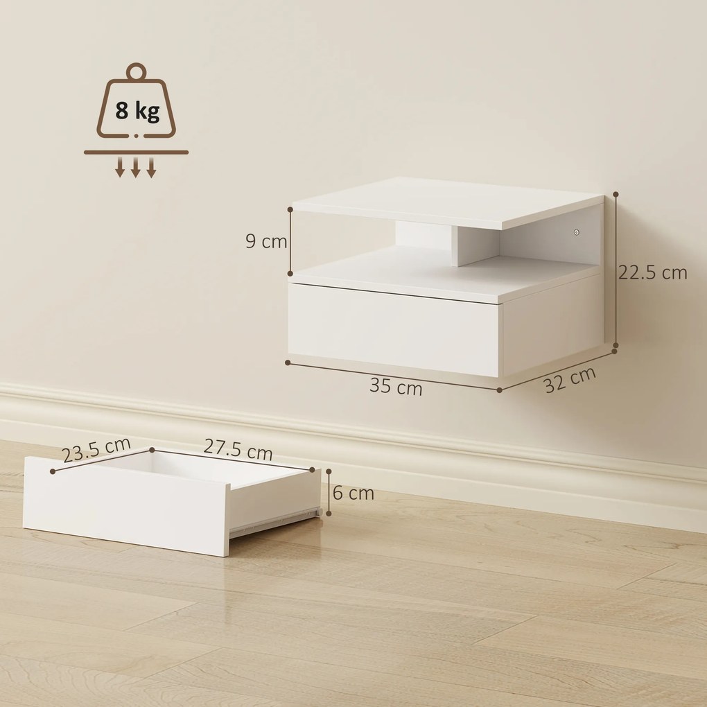 HOMCOM Set de 2 Noptiere Suspendate cu Sertar și Raft Deschis, 35x32x22.5 cm, Alb | Aosom Romania