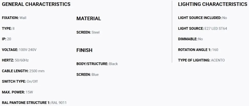 Aplica metal stil retro abajur ajustabil MARTINICA S negru, blue