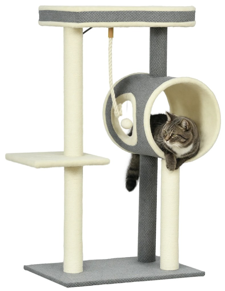 PawHut Copac zgâriat Katzenbaum, 1 cuib pentru pisici, 2 zone de odihnă, 60 cm x 40 cm x 104 cm, Gri + Natural | Aosom Romania