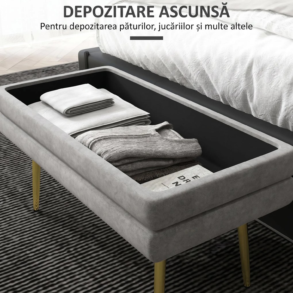 HOMCOM Bancă Otomană Tapițată, Picioare Aurii, Design Modern pentru Living și Dormitor, Gri | Aosom Romania