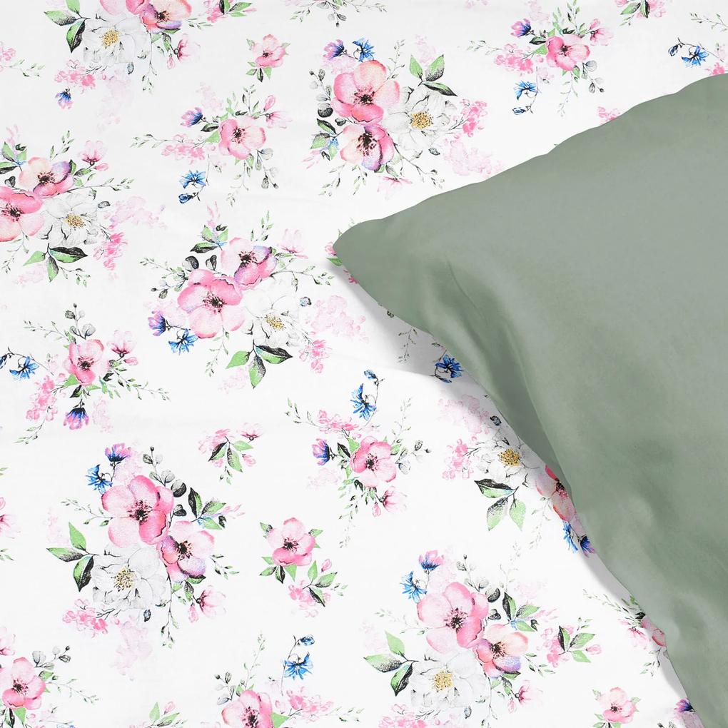 Goldea lenjerie de pat din 100% bumbac duo - sakura roz cu petale cu verde salvie 200 x 220 și 2buc 50 x 70 cm (din două bucăți, cusătură pe mijloc)