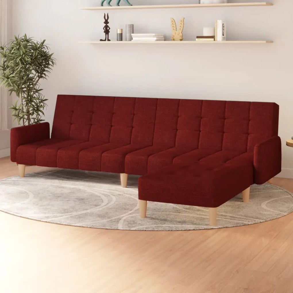 3080555 vidaXL Canapea extensibilă cu 2 locuri şi taburet, roșu vin, textil