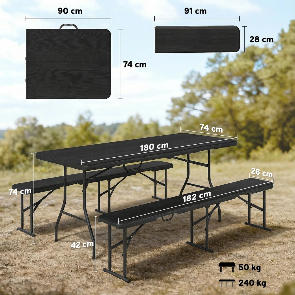 Outsunny Set masă pliantă și bănci de picnic 180 cm cu mânere de transport, negru | Aosom Romania