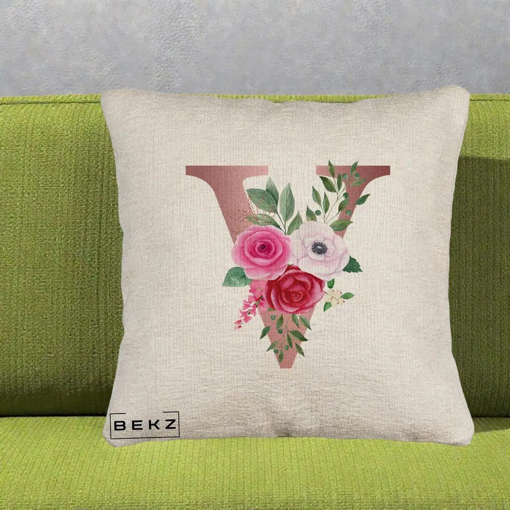 Cadou Personalizat - Perna Personalizata Monograma Rose Gold Litera V, 40x40 cm, Bej Canapea, Husa Detasabila, Perna Inclusa, BEKZ®