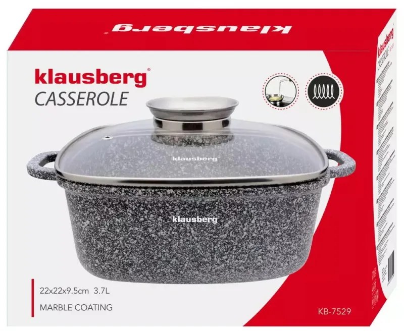 Tava de copt/gatit tip roaster Klausberg KB 7529, 3.7 L, Capac din sticla, Finisaj marmura, Inductie, Gri