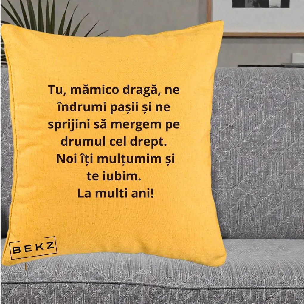 Cadou pentru Mama - Perna Personalizata Mamico Draga Te Iubim La Multi Ani cu Text Negru, 40x40 cm, Galben, Husa Detasabila, Perna Inclusa, BEKZ®