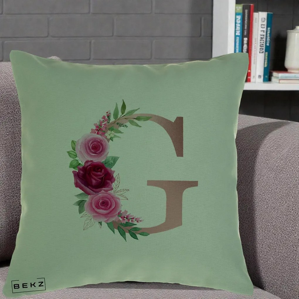 Cadou Personalizat - Perna Personalizata Monograma Rose Gold Litera G, 40x40 cm, Verde, Husa Detasabila, Perna Inclusa, BEKZ®