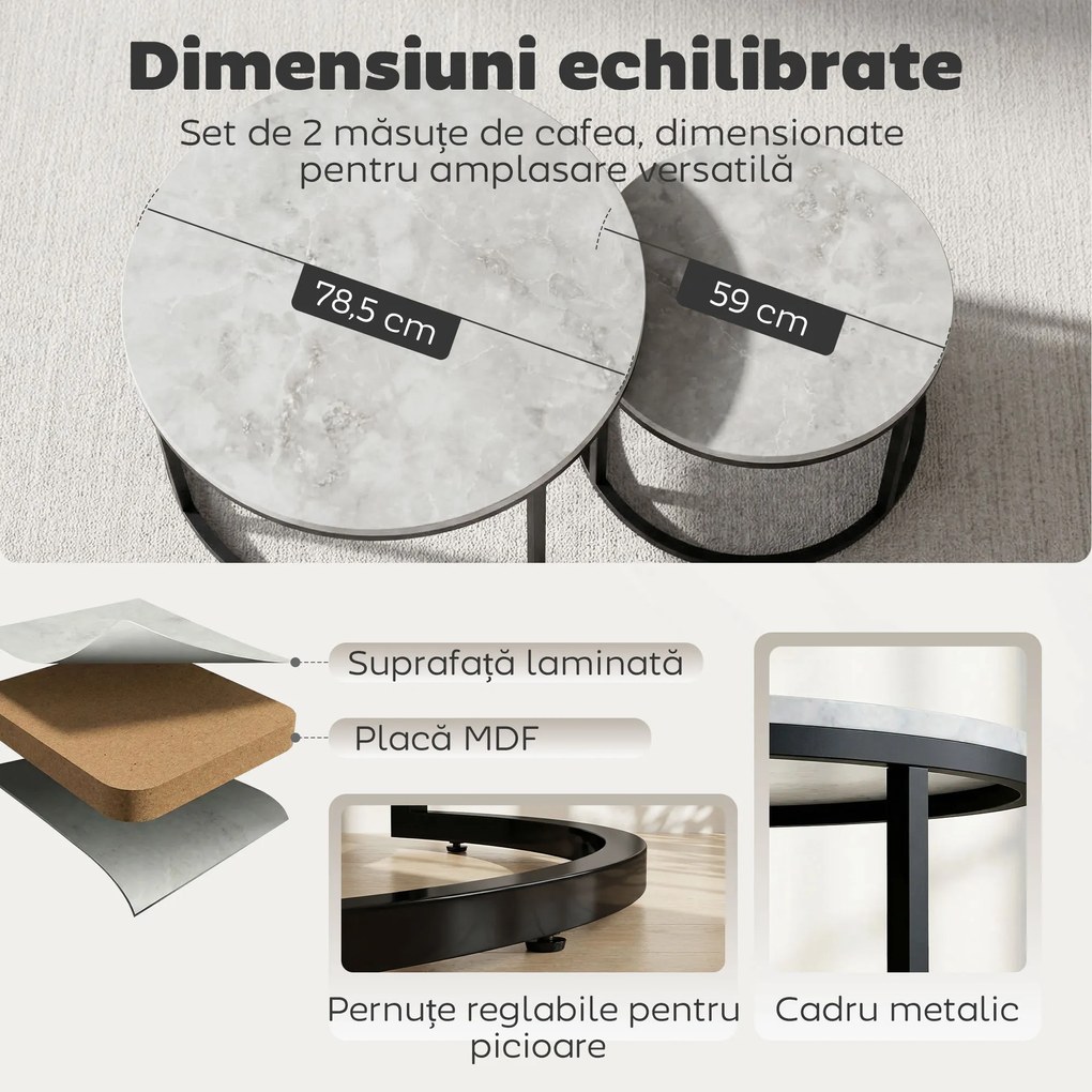 HOMCOM Set 2 Masute de Cafea care se Suprapun, Masute pentru Salon Rotunde din Metal si MDF Efect Marmura, Gri si Negru