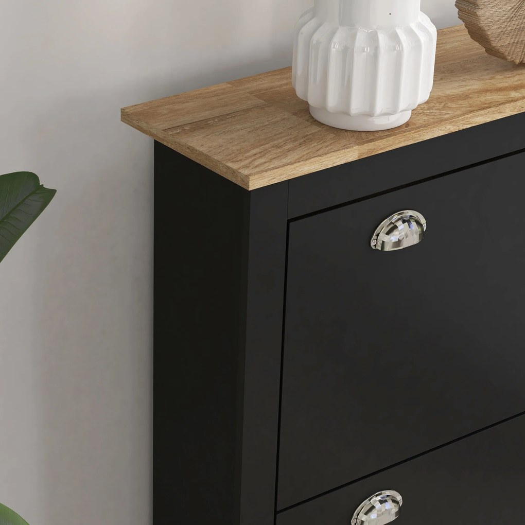 HOMCOM Dulap pantofi 2 uși rabatabile 2 compartimente mânere cochilie metal 79 x 23 x 90,5 cm negru stejar | Aosom Romania