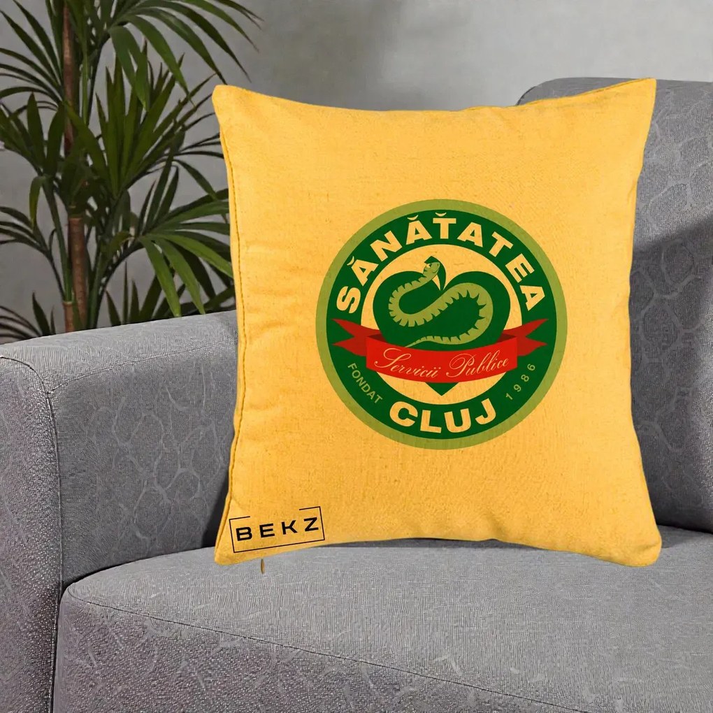 Perna Personalizata Sanatatea Cluj Servicii Publice 1986, 40x40 cm, Galben, Husa Detasabila, Perna Inclusa, BEKZ®