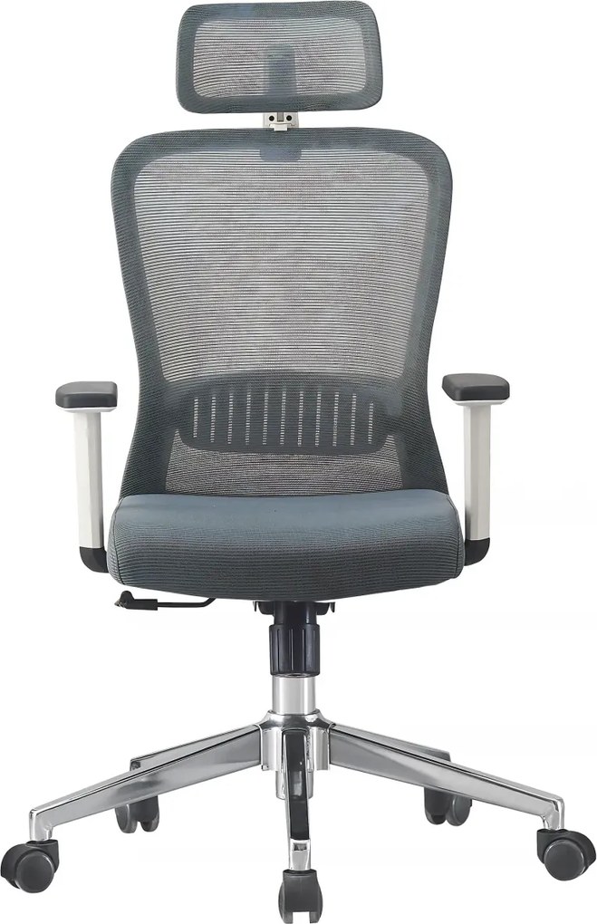 Scaun ergonomic, Spătar Mesh Respirabil, Suport Lombar Reglabil 2D, Tetiera Reglabila, Mecanism Balans Si Inclinare 90–125°, Reglare Pe Inaltime, Pivotant 360°, Baza Metalica Stabila, Roti Silentioase, Gri/Alb