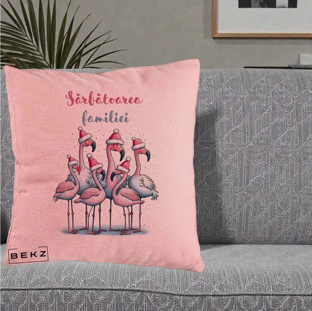 Perna Decorativa Flamingo Craciun Sarbatoarea Familiei, 40x40 cm, Roz, Husa Detasabila, Perna Inclusa, BEKZ®