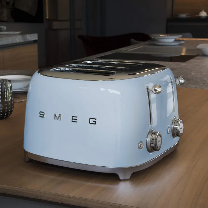 Prajitor de paine SMEG 50's Style TSF03PBEU, 2000 W, 4 felii, 6 niveluri, Tava firimituri, Cablu integrat, Otel inoxidabil, Albastru