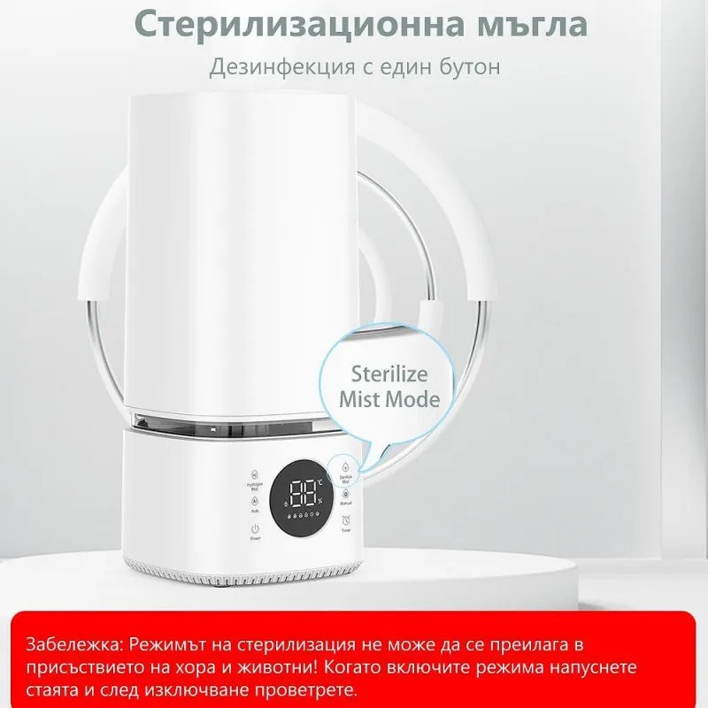 Umidificator de aer si sterilizator 2in1 Atractiv BREEZE, Pana la 40 m², 8 l, 360ml/h, 3 trepte, Ecran tactil, Ceata de apa si sterilizare, Alb