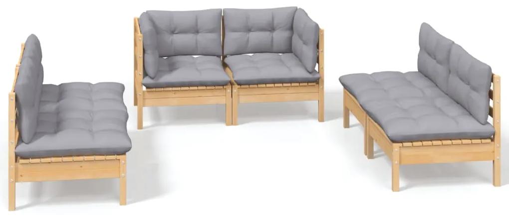 Set mobilier gradina cu perne gri, 6 piese, lemn masiv pin Maro  si gri, 1