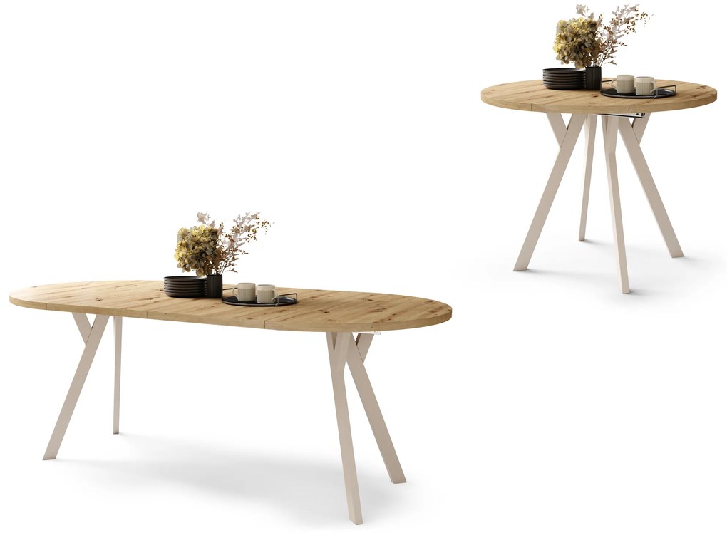 Mazzoni ALDO Stejar Artisan/picioare bej - MASĂ ROTUNDĂ STIL LOFT PENTRU SALON/SUFRAGERIE EXTENSIBILĂ CU PICIOARE ÎN FORMĂ DE "Y"