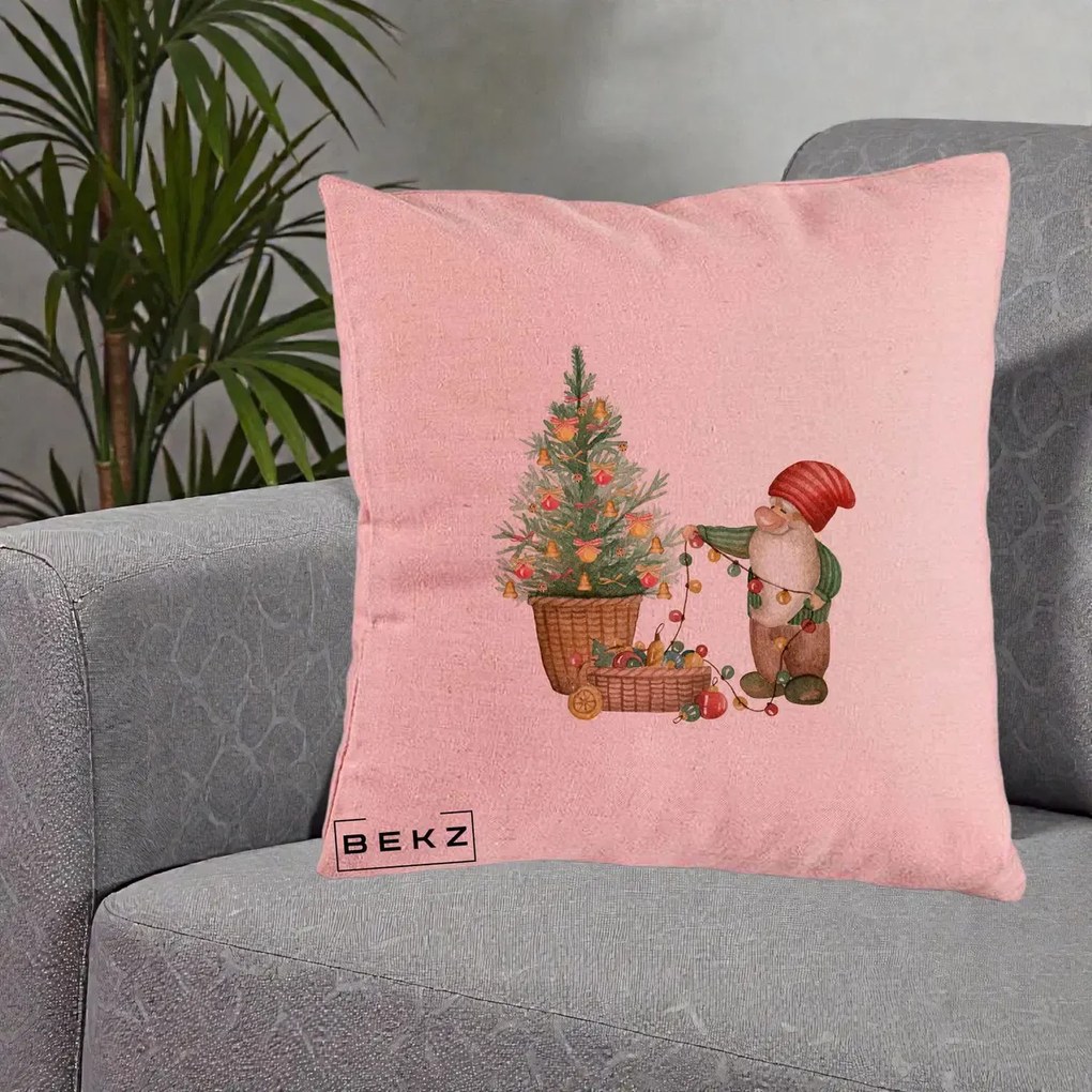 Perna Decorativa Pitic de Craciun cu Brad, 40x40 cm, Roz, Husa Detasabila, Perna Inclusa, BEKZ®