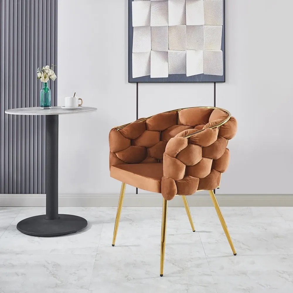 Scaun dining, tapiterie catifea, cadru metalic auriu, Maro Rufous