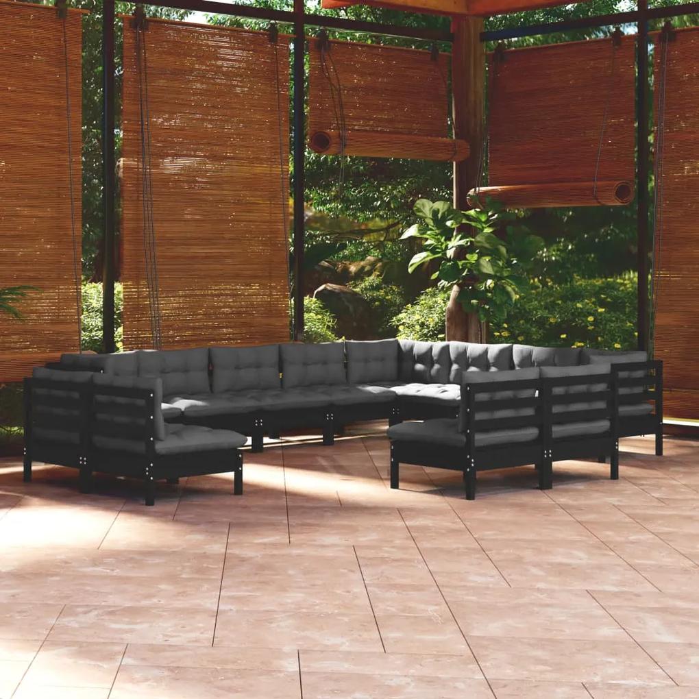 3096879 vidaXL Set mobilier grădină cu perne, 12 piese, negru, lemn masiv pin