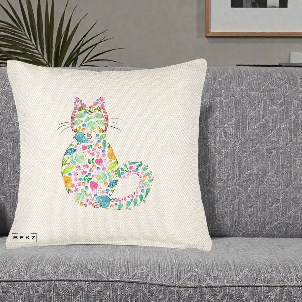 Perna Decorativa Pisica Florala Acuarela, 40x40 cm, Crem Reliefat, Husa Detasabila, Perna Inclusa, BEKZ®