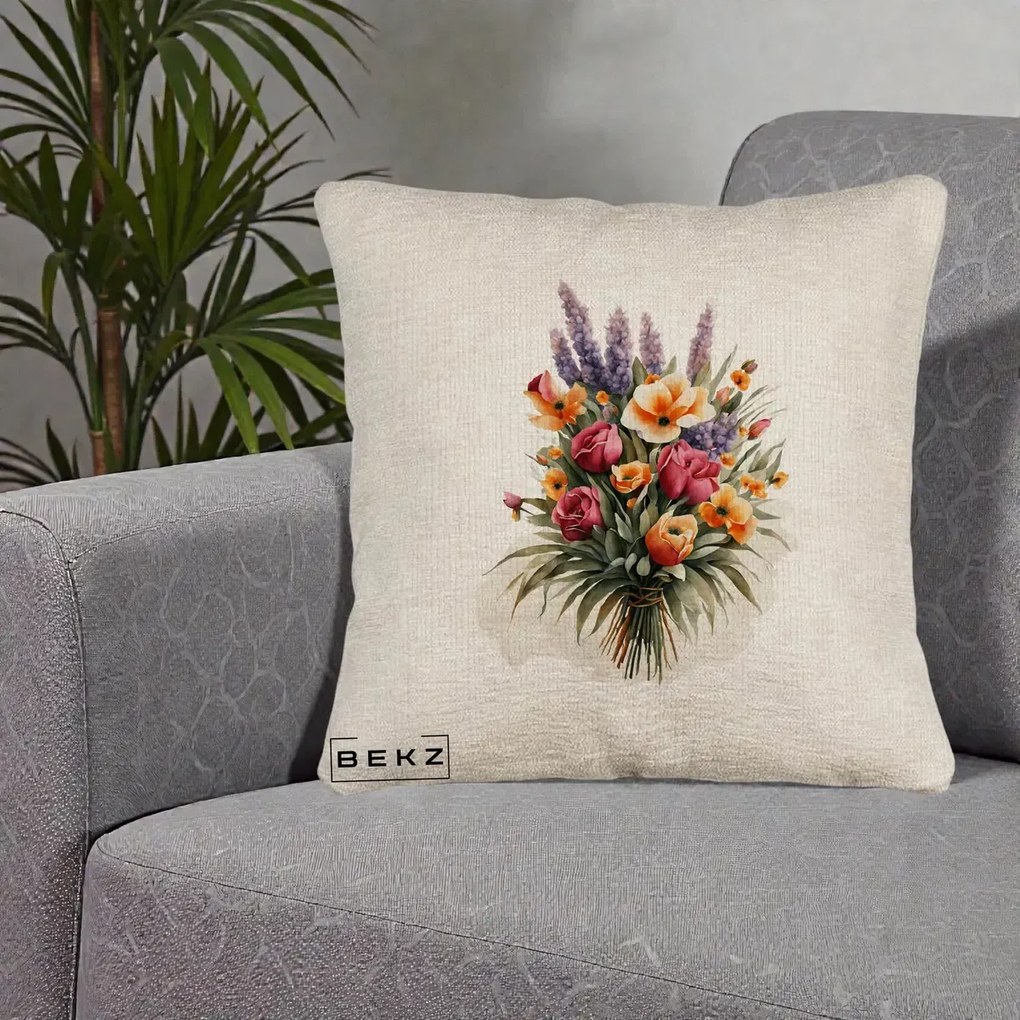 Perna Decorativa Buchet Mixt Acuarela Lavanda-Trandafiri, 40x40 cm, Bej Canapea, Husa Detasabila, Perna Inclusa, BEKZ®