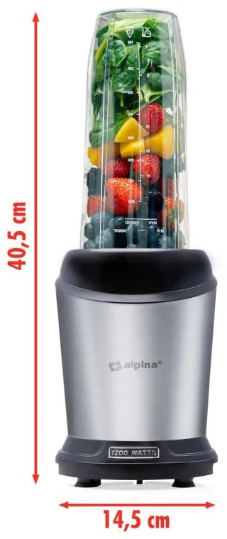 Resigilat: Blender Alpina Nutrition, 4 lame, 1200 W, 1 L, Fara BPA, Inox/Negru