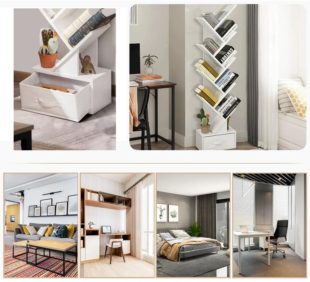 Bibliotecă cu 10 rafturi, albă