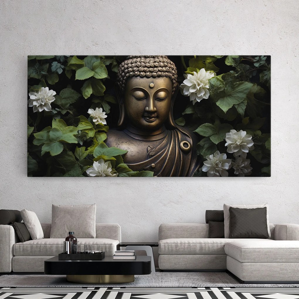 Tablou Canvas, 60x120cm, Dormitor si Living, Moderne, Buddha, White Flowers Buddha