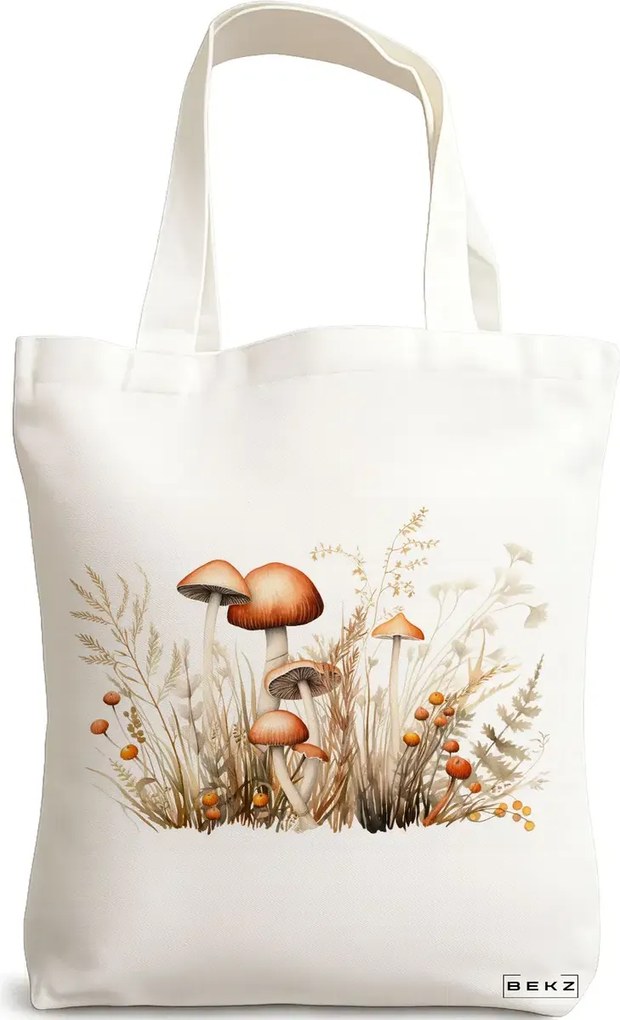 Sacosa de Panza pentru Cumparaturi, Geanta Tote Colorful Mushrooms 12, 38x34.5 cm, Alba, BEKZ®