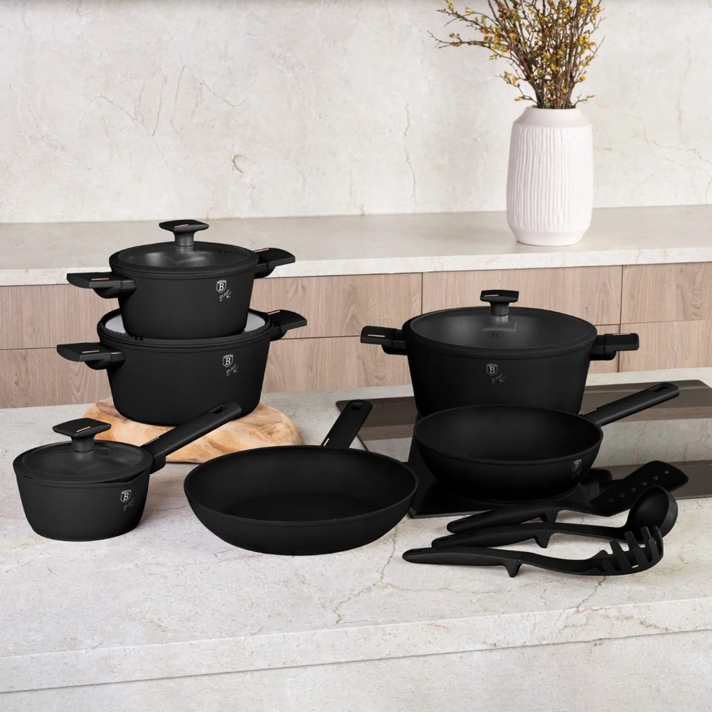 Set oale si tigai cu capace, 15 piese Monaco Berlinger Haus BH 8246, antiaderente, titan, negru