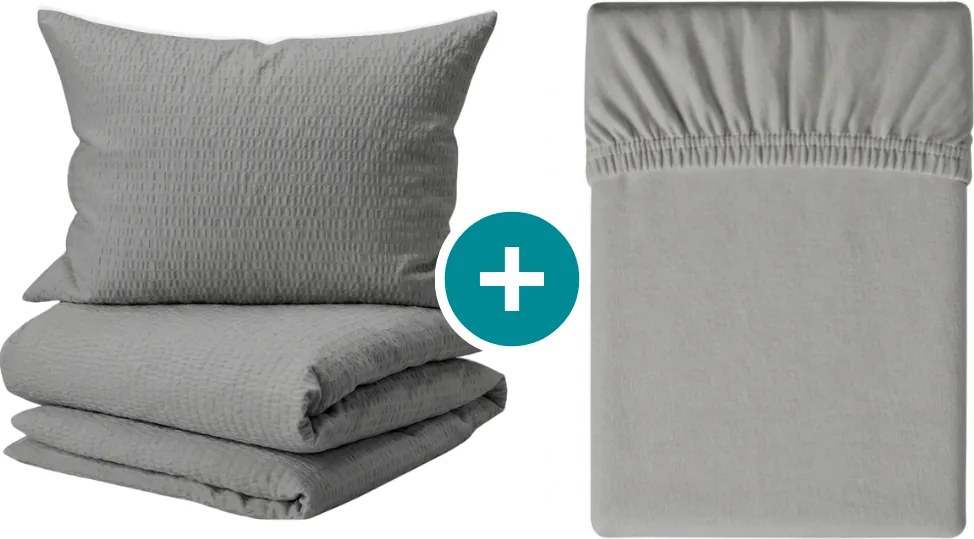 Set lenjerie de pat krep DENYX BLEND gri + Cearsaf Jersey 180 x 200 cm gri deschis, pat dublu