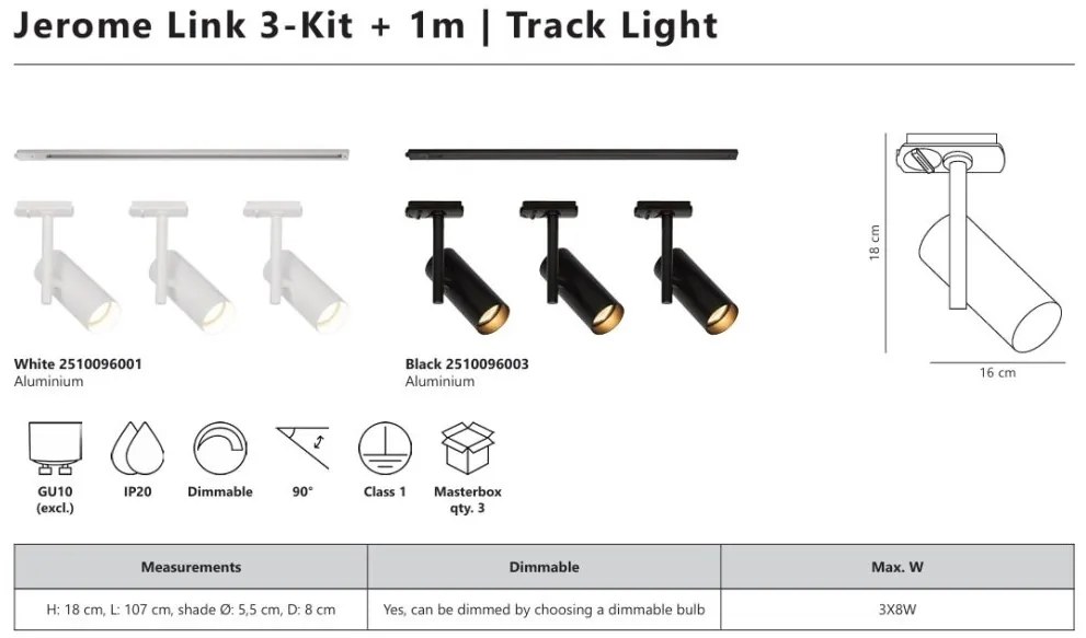 Set, Sina 1 metru Nordlux Link cu 3 Spoturi directionabil Jerome negru