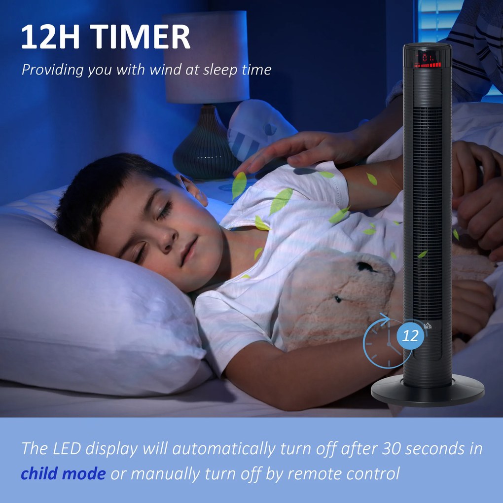 HOMCOM Ventilator Turn cu 4 Moduri și 3 Viteze cu Cronometru 12h, Ventilator de Podea ABS cu Telecomandă, 31,5x31,5x96 cm, Negru | Aosom Romania