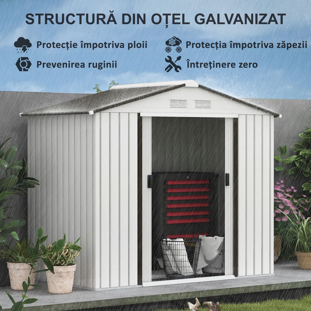 Sopron de gradina din tabla de otel, casuta de gradina cu usi glisante, pentru depozitare si organizare 213x130x185 cm, alb Outsunny | Aosom Romania