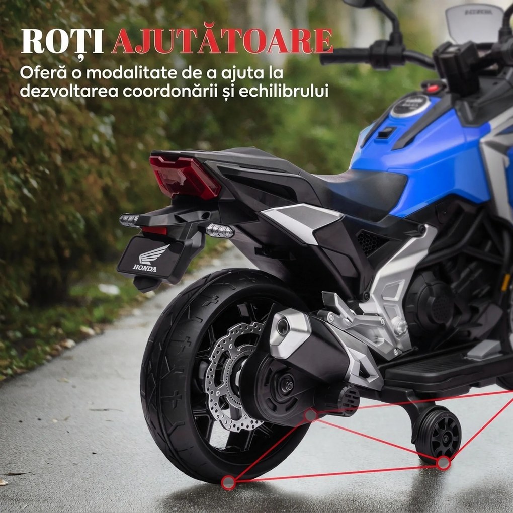 AIYAPLAY Motocicletă Electrică Copii, Licențiată Honda, Faruri Roți Antrenament, Albastră | Aosom Romania