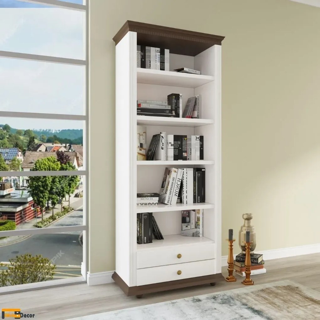 Biblioteca Luxus, alb nuc, lemn masiv 88 x 43.3 x 203cm