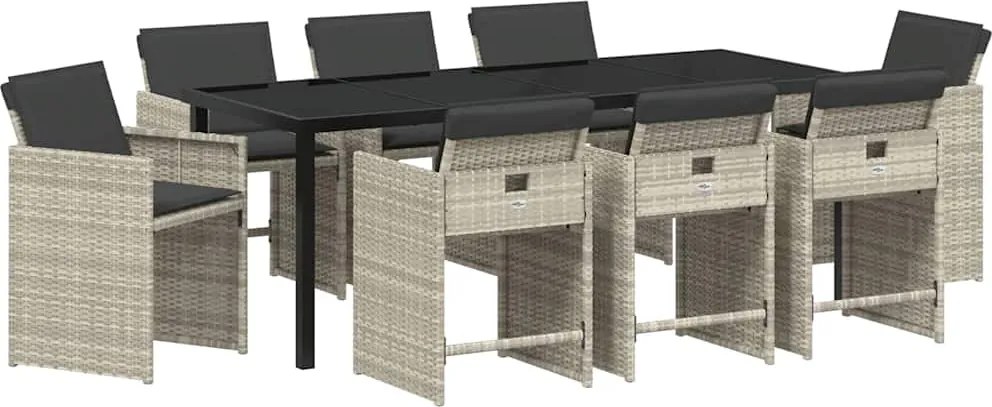 vidaXL Set de masă pentru grădină cu pernă 9 pcs Gri deschis poliratan
