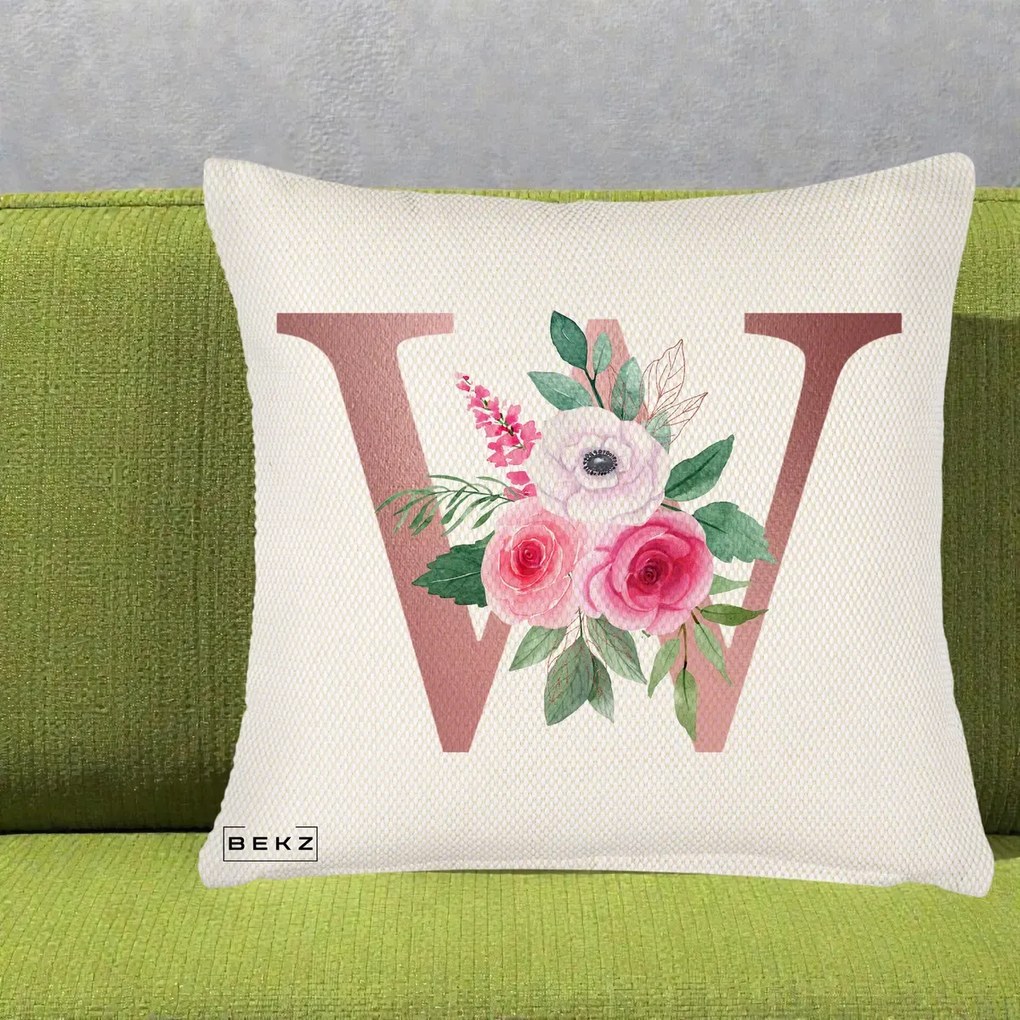 Cadou Personalizat - Perna Personalizata Monograma Rose Gold Litera W cu Trandafiri si Anemona, 40x40 cm, Crem Reliefat, Husa Detasabila, Perna Inclusa, BEKZ®