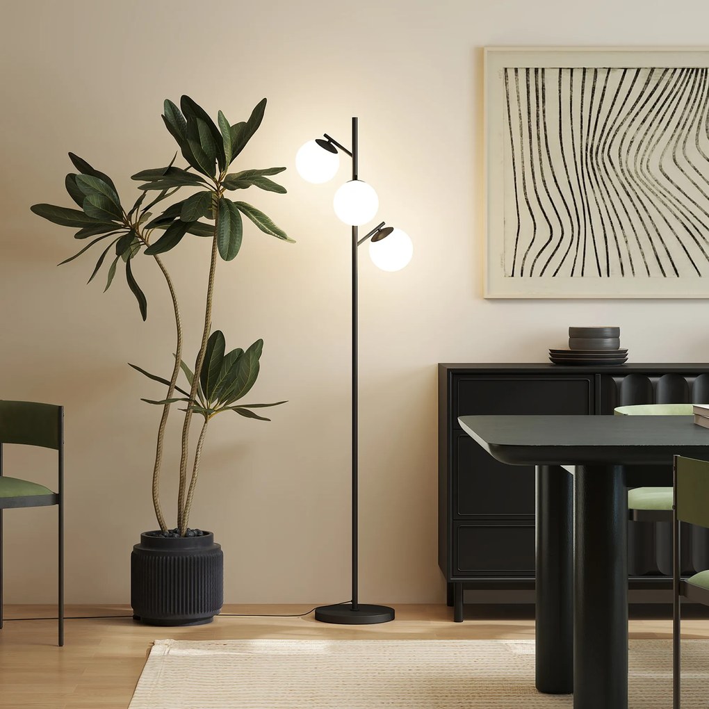 HOMCOM Lampadar de podea în metal cu 3 abajururi globe din sticlă mată albă 40W Ø 27 x 169 cm negru | Aosom Romania