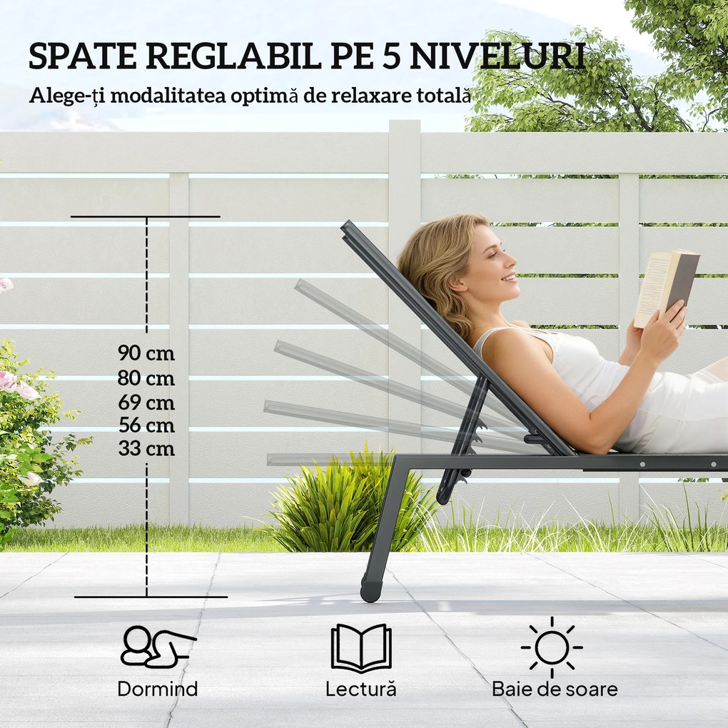 Outsunny Set 2 Șezlonguri Reglabile în 5 Poziții cu Măsuță Laterală și 2 Roți, din Metal și Poliester, Gri | Aosom Romania