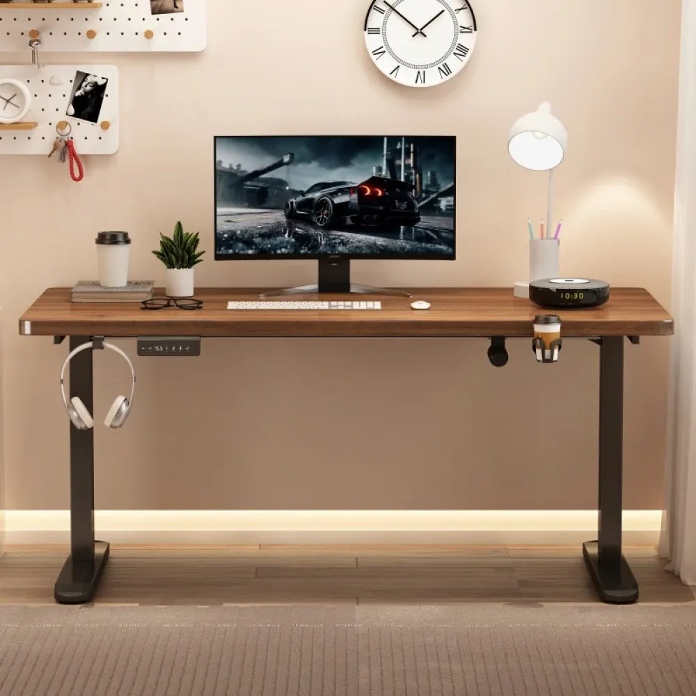Birou reglabil în înălțime, două motoare electrice ridicare, suport caști, suport pahar, 140x60 cm, Nuc