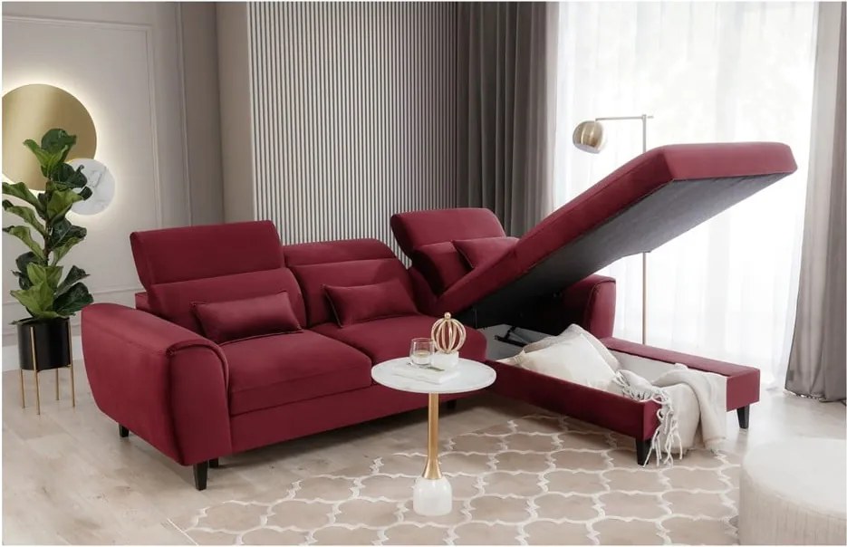 Colțar roșu extensibil/cu spațiu de depozitare cu tapițerie din catifea (cu colț pe partea dreaptă/cu șezlong) Foble – ELTAP