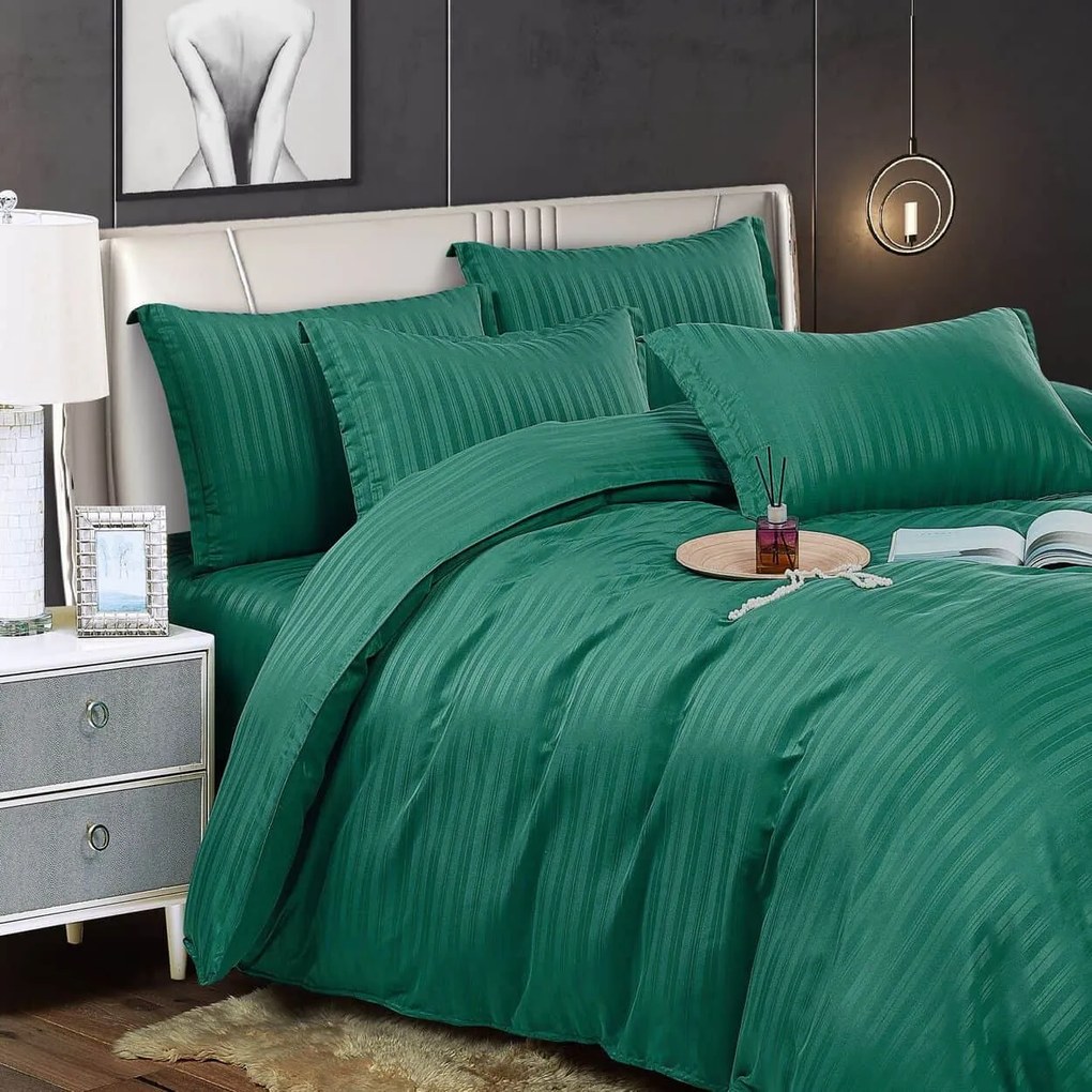 Lenjerie de pat, damasc, verde, 6 piese, pat 2 persoane, Jo-Jo, DM-058