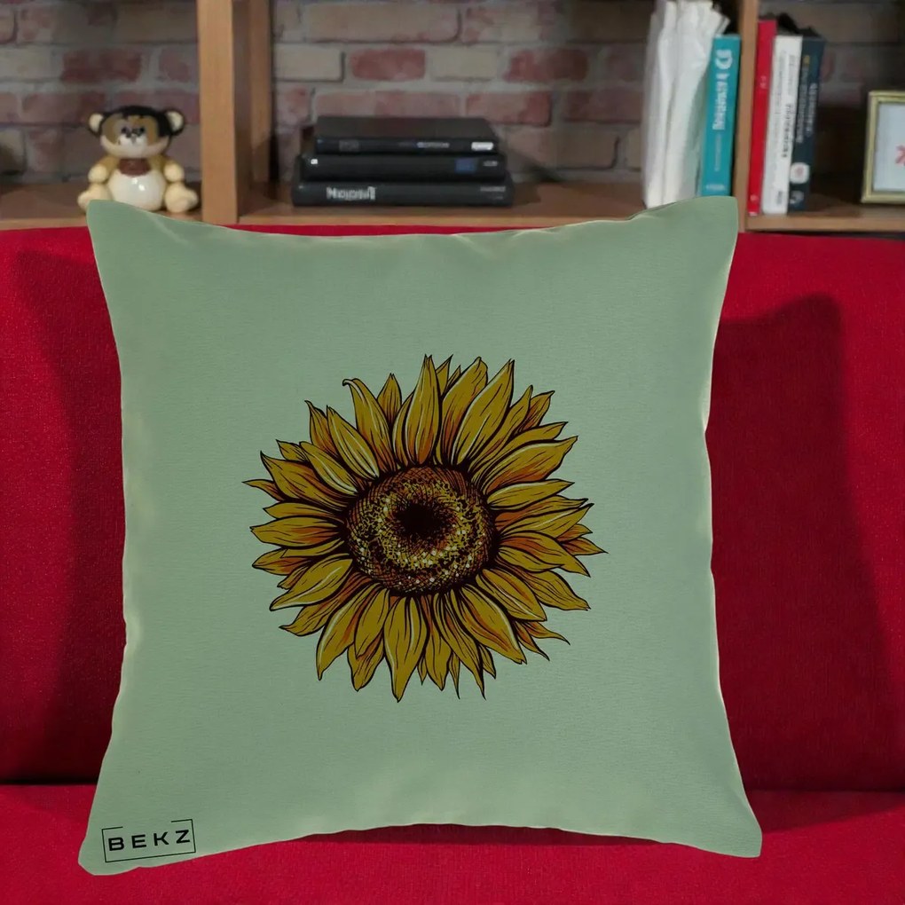 Perna Decorativa Floarea Soarelui Vibranta, 40x40 cm, Verde, Husa Detasabila, Perna Inclusa, BEKZ®