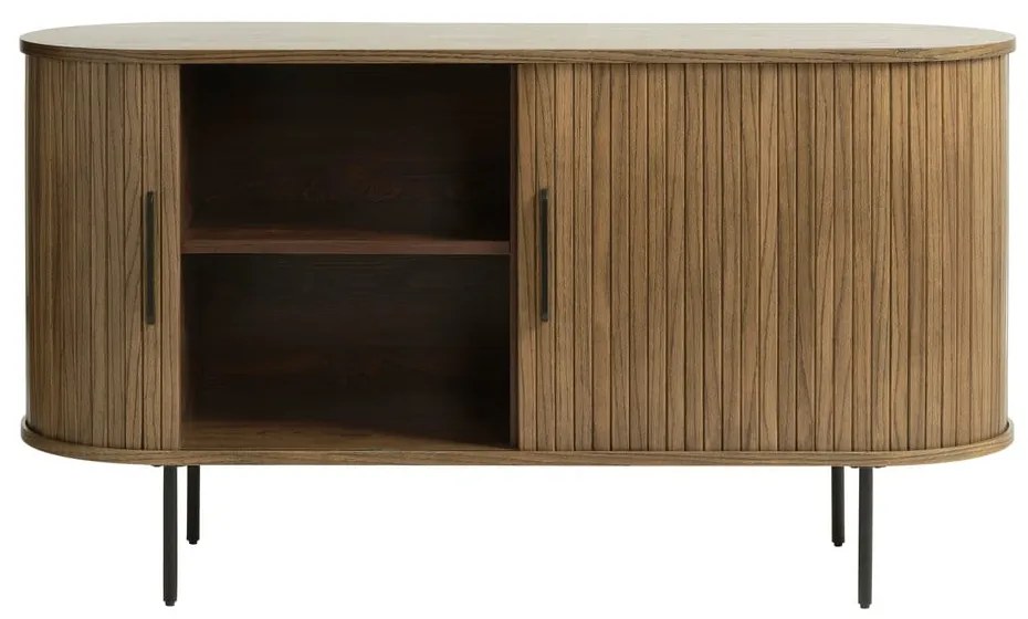 Comodă maro joasă cu aspect de lemn de stejar cu ușă glisantă 140x76 cm Nola – Unique Furniture